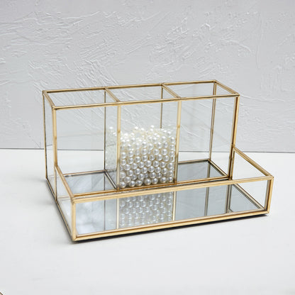Luxury Glass Makeup Organizer – Bathroom Vanity Storage Box with Gold Metal Frame