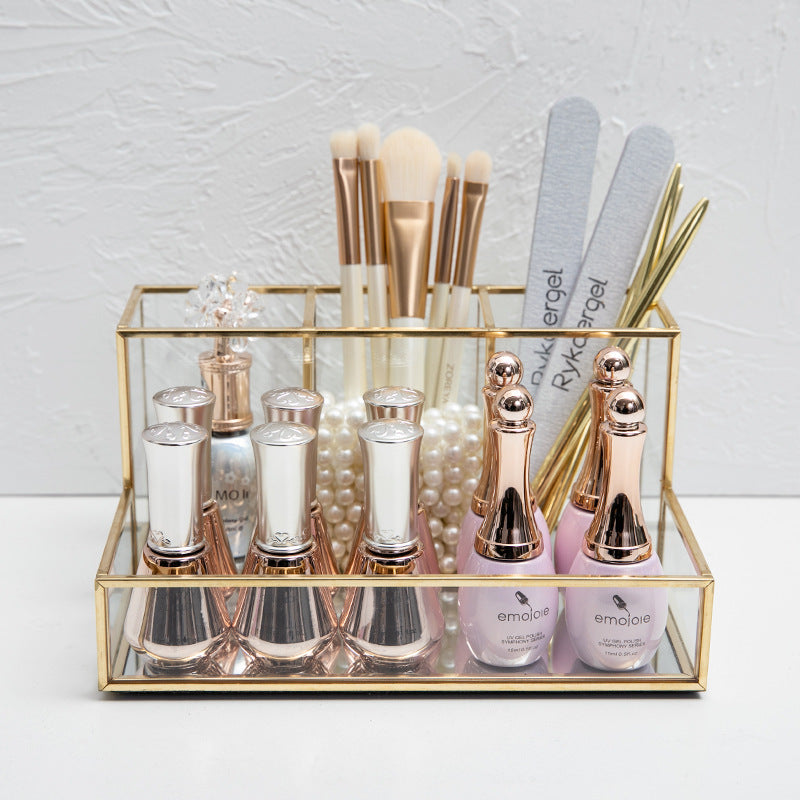 Luxury Glass Makeup Organizer – Bathroom Vanity Storage Box with Gold Metal Frame