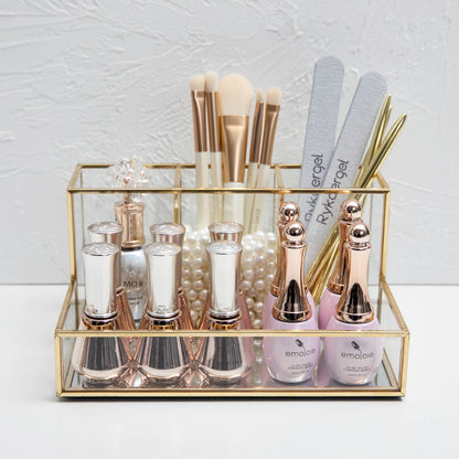 Luxury Glass Makeup Organizer – Bathroom Vanity Storage Box with Gold Metal Frame
