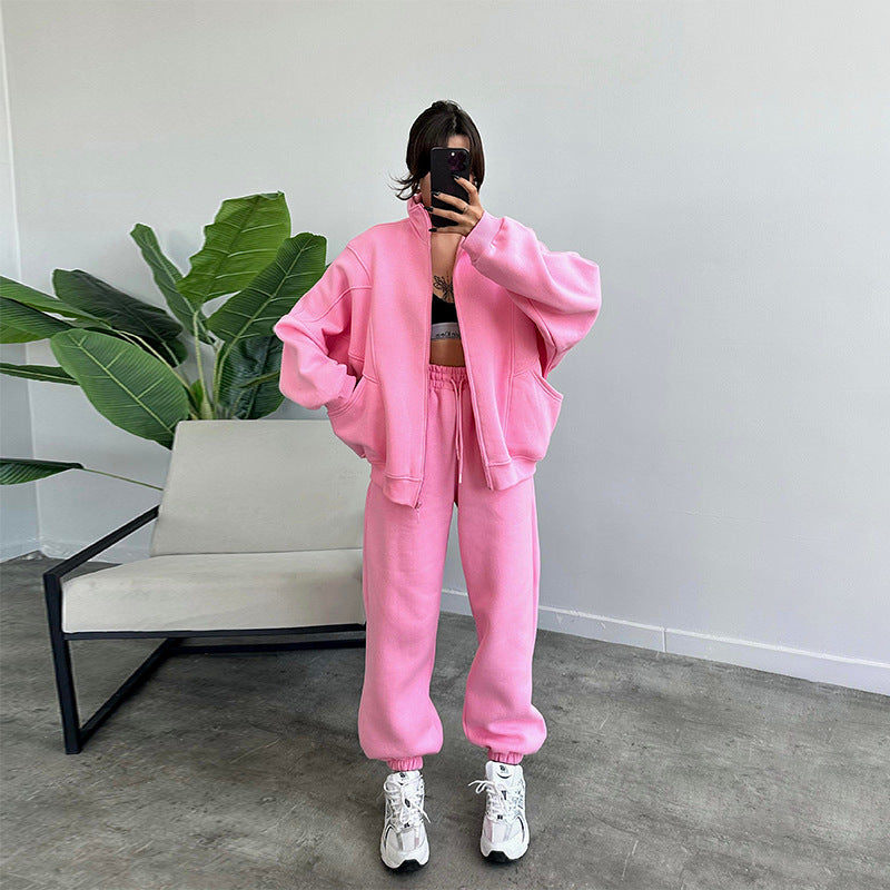 Women's Jogger Tracksuit Set – Zipper Stand Collar Cardigan & Drawstring Pants with Pockets