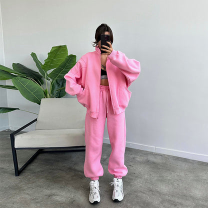 Women's Jogger Tracksuit Set – Zipper Stand Collar Cardigan & Drawstring Pants with Pockets