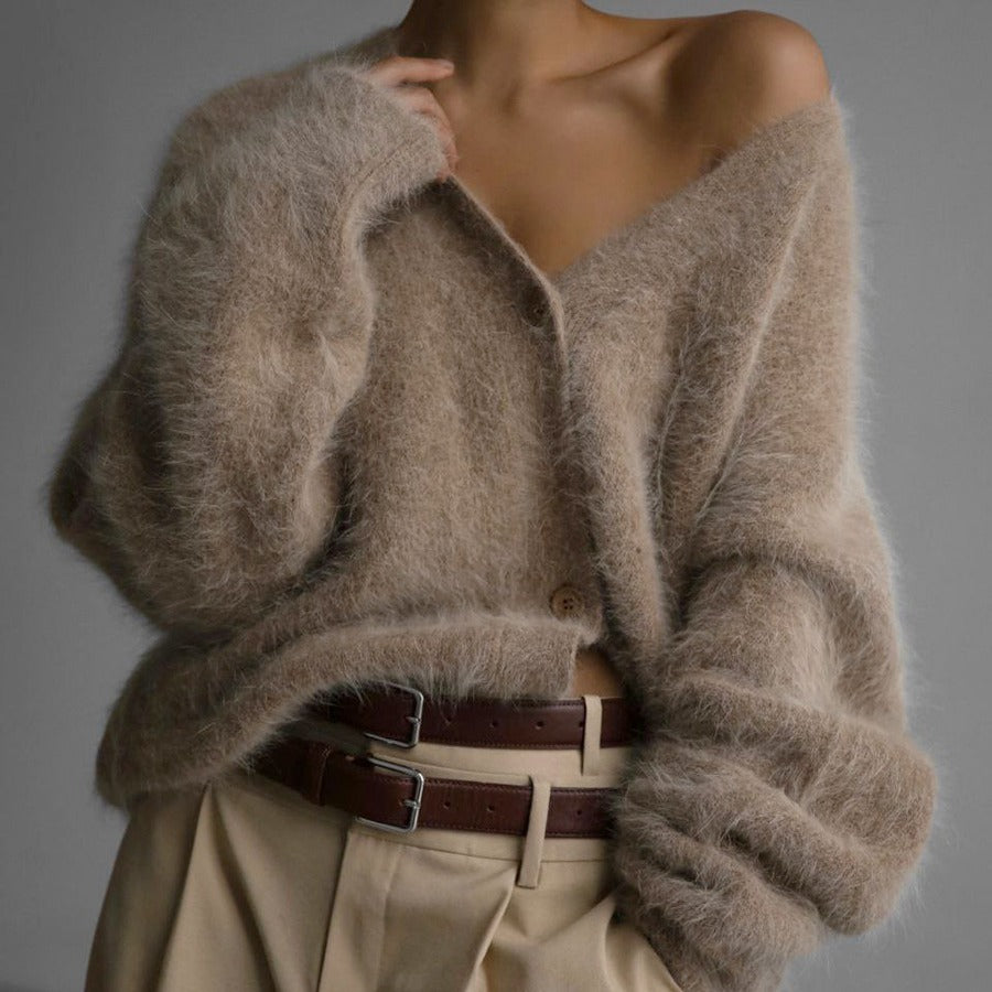 Women’s V-Neck Button Cardigan – Loose Knit Fall/Winter Sweater Top