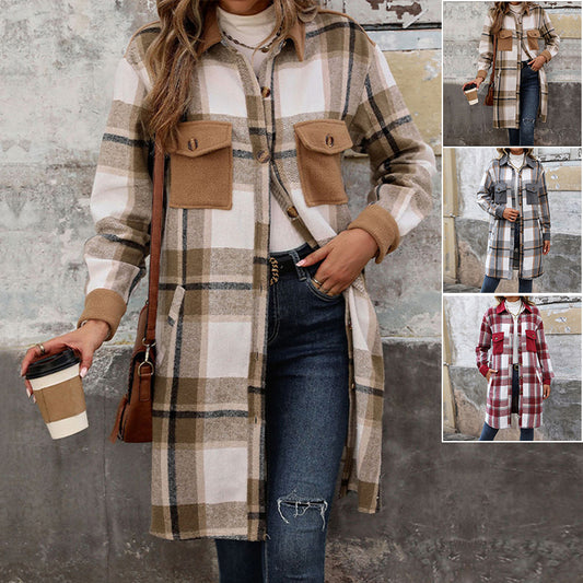 Women's Brushed Plaid Long Winter Coat – Stylish Warm Jacket with Pockets