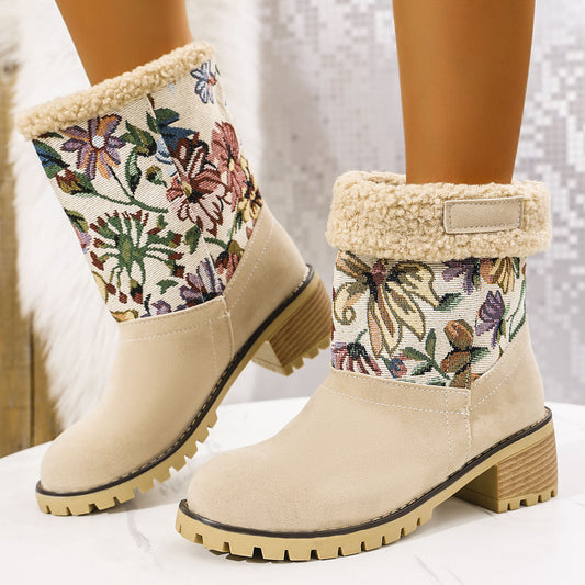 Women's Embroidered Ethnic Snow Boots – Warm Mid-Calf Winter Shoes with Platform & Thick Heel
