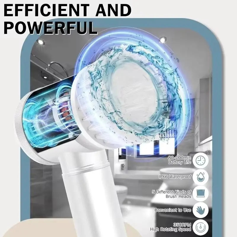 Electric Spin Scrubber – Powerful Bathroom Cleaning Brush with 5 Replaceable Heads for Tiles, Tubs & Floors