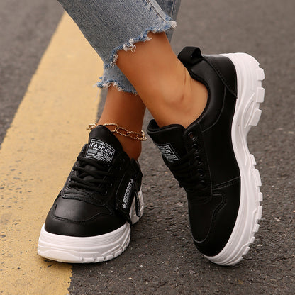 Women's Lace-Up Sports Sneakers – Thick-Soled Round Toe Shoes with Side-Zipper Design