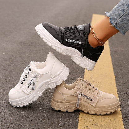 Women's Lace-Up Sports Sneakers – Thick-Soled Round Toe Shoes with Side-Zipper Design