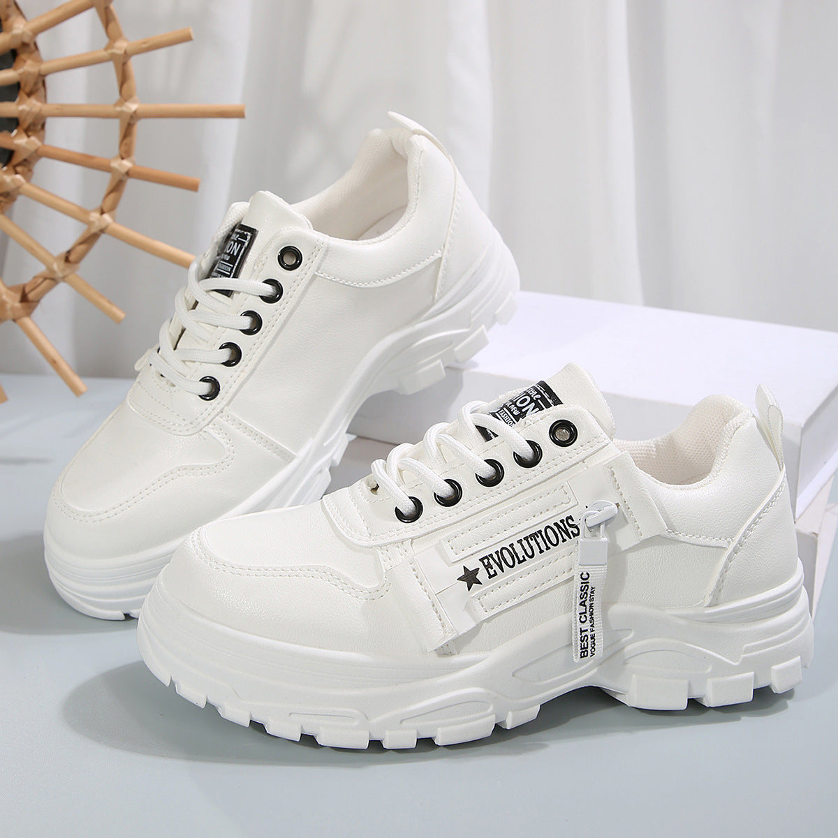 Women's Lace-Up Sports Sneakers – Thick-Soled Round Toe Shoes with Side-Zipper Design