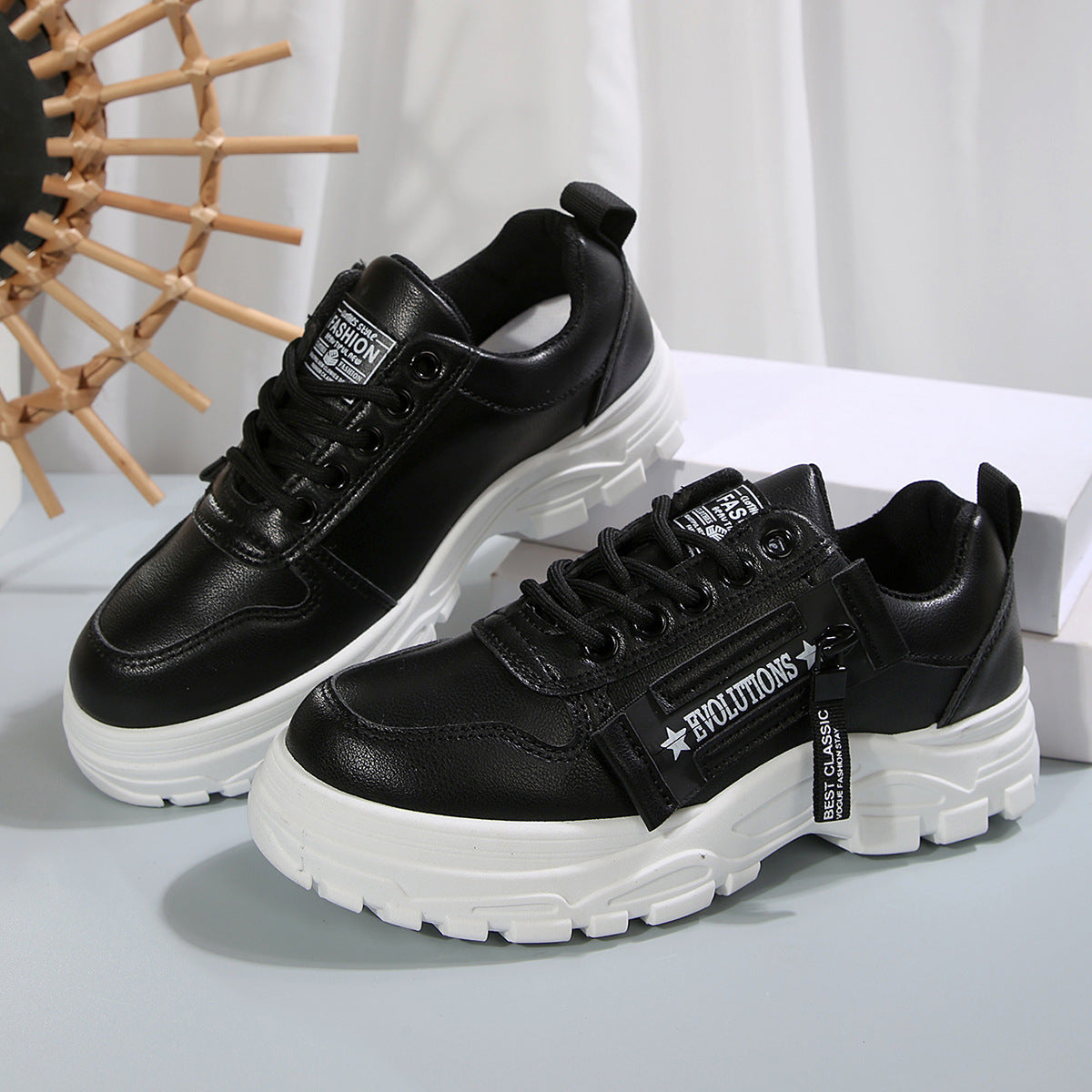 Women's Lace-Up Sports Sneakers – Thick-Soled Round Toe Shoes with Side-Zipper Design