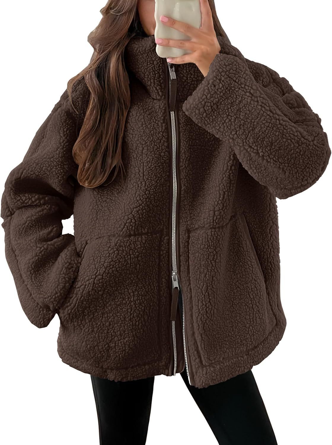 Women's Winter Lapel Zip-Up Fleece Jacket – Casual Solid Coat with Pockets, Long Sleeves