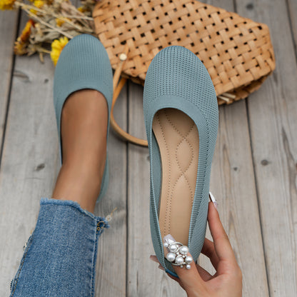 Women’s Round Toe Slip-On Flats – Casual Knit Mesh Shoes with Soft, Comfortable Fit
