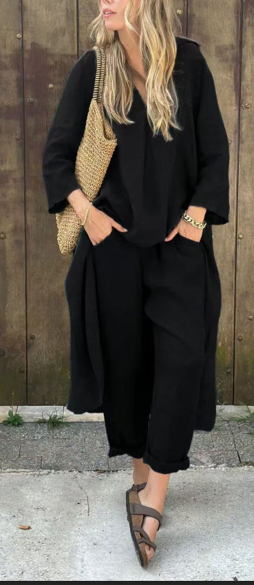 2-Piece Women’s V-Neck Suit Set – Long Sleeve Top & High-Waisted Wide Leg Pants with Pockets