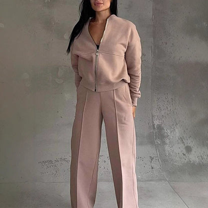 Women's Two-Piece Sports Suit – Zipper Jacket & Wide Leg Pants Set