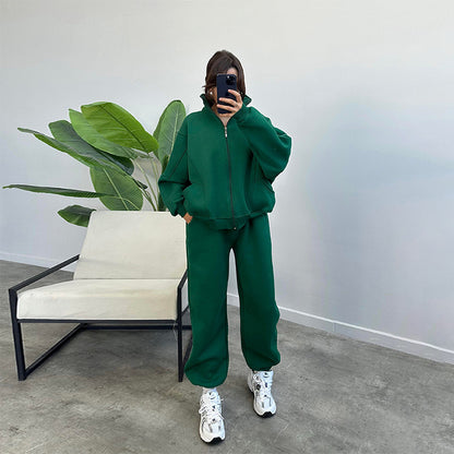 Women's Jogger Tracksuit Set – Zipper Stand Collar Cardigan & Drawstring Pants with Pockets