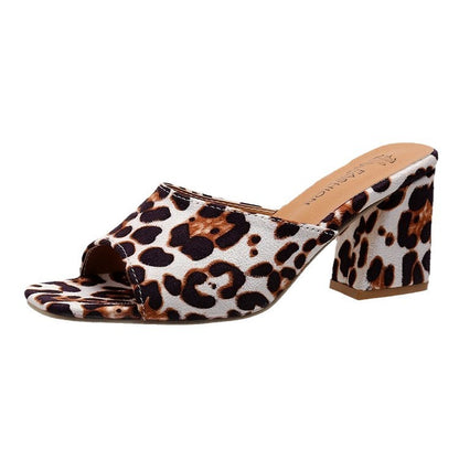 Women’s Leopard Print Square Toe Sandals – Chunky High-Heeled Summer Slippers