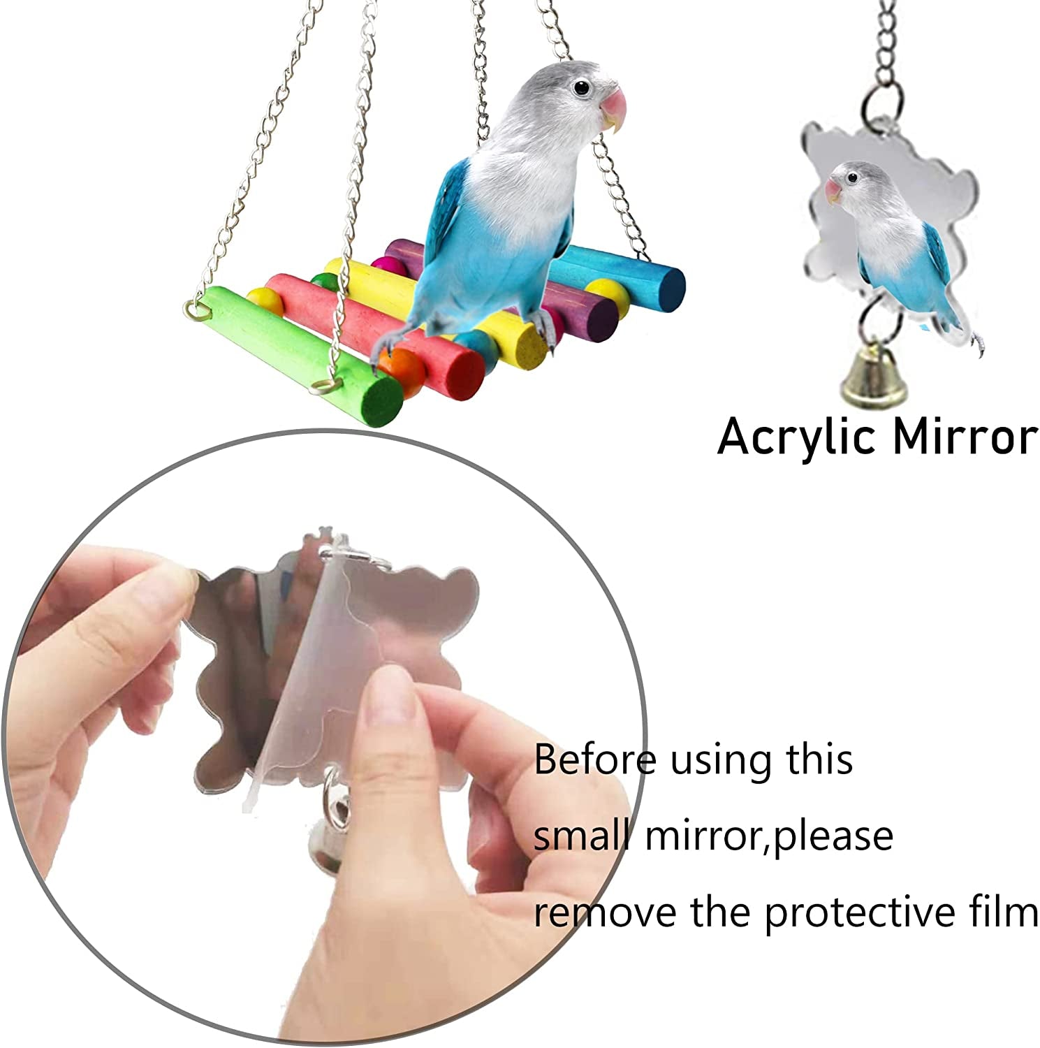 8 Pcs Bird Parakeet Cockatiel Parrot Toys, Hanging Bell Pet Bird Cage Hammock Swing Climbing Ladders Toy Wooden Perch Chewing Toy for Small Parrots, Conures, Love Birds, Finche