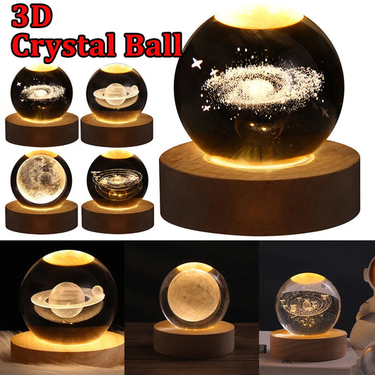 3D Galaxy Crystal Ball Night Light – LED Planet & Moon Table Lamp for Bedroom, Kids Room & Party Decor