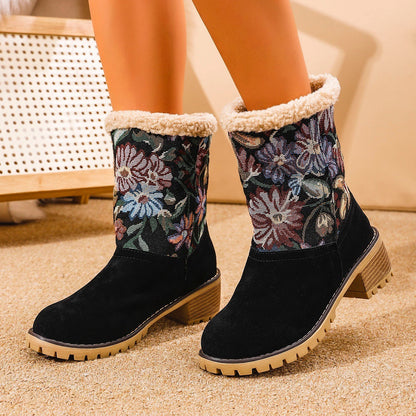 Women's Embroidered Ethnic Snow Boots – Warm Mid-Calf Winter Shoes with Platform & Thick Heel
