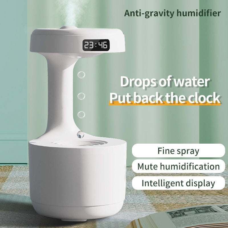 Anti-Gravity Water Drop Humidifier with Clock – Silent Aroma Diffuser, LED Display & Large Capacity for Bedroom or Office