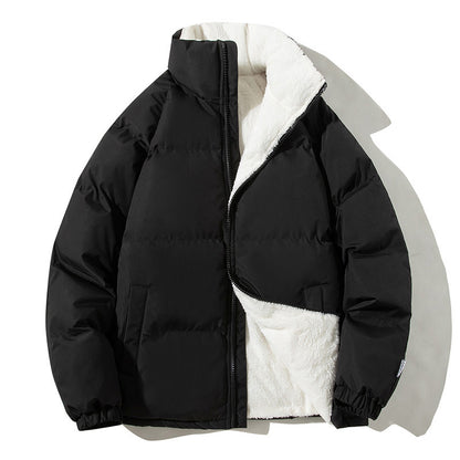 Unisex Stand-Up Collar Winter Jacket – Thickened Plush Coat with Pockets for Couples