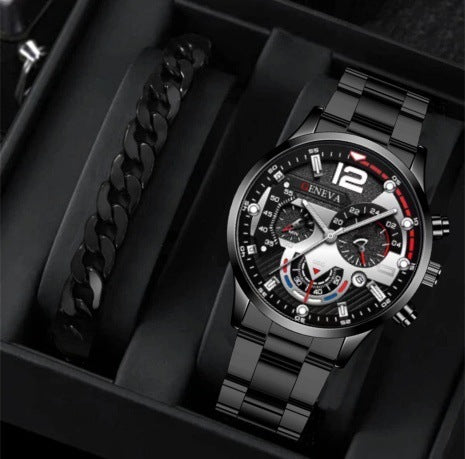 Men's 2-Piece Quartz Watch & Bracelet Set – Fashion Steel Strap Business Watch with Three-Eye Dial