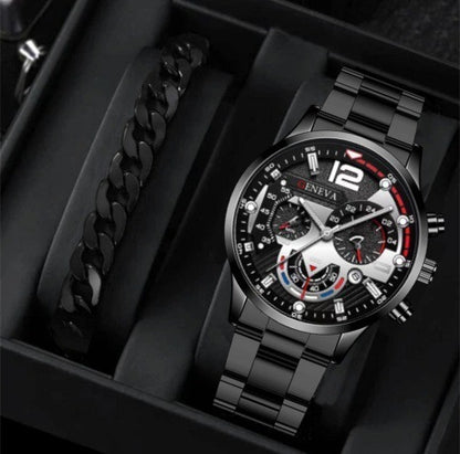 Men's 2-Piece Quartz Watch & Bracelet Set – Fashion Steel Strap Business Watch with Three-Eye Dial
