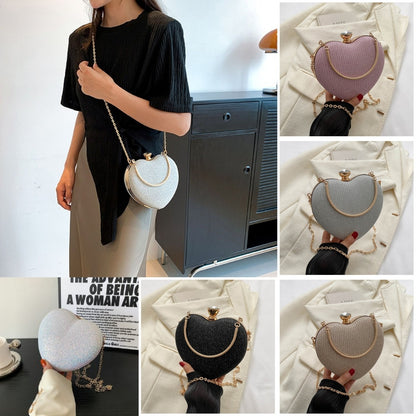 Heart-Shaped Evening Clutch Bag for Women – Shiny Metal Handbag with Chain Strap, Luxury Crossbody Purse for Parties