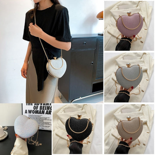Heart-Shaped Evening Clutch Bag for Women – Shiny Metal Handbag with Chain Strap, Luxury Crossbody Purse for Parties