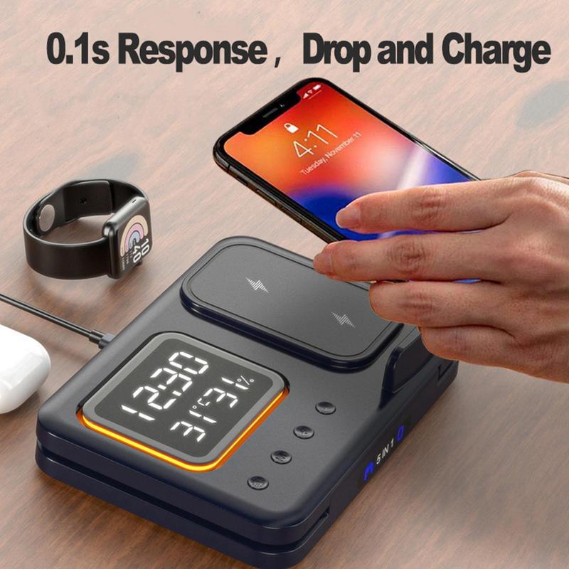 5-in-1 Wireless Charging Station – 15W Fast Charger Stand with LED Digital Alarm Clock