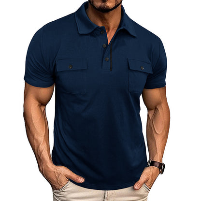 Men’s Summer Polo Shirt – Short Sleeve Button-Up with Lapel Collar & Pockets, Outdoor Casual Top