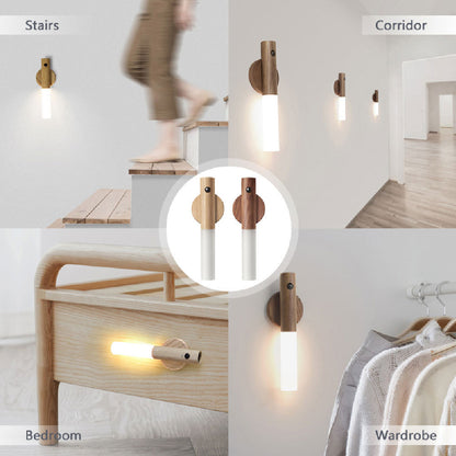 Magnetic Wireless LED Night Light – USB Rechargeable Wooden PIR Motion Sensor Lamp for Hallways, Cabinets & Porches