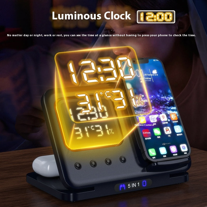 5-in-1 Wireless Charging Station – 15W Fast Charger Stand with LED Digital Alarm Clock