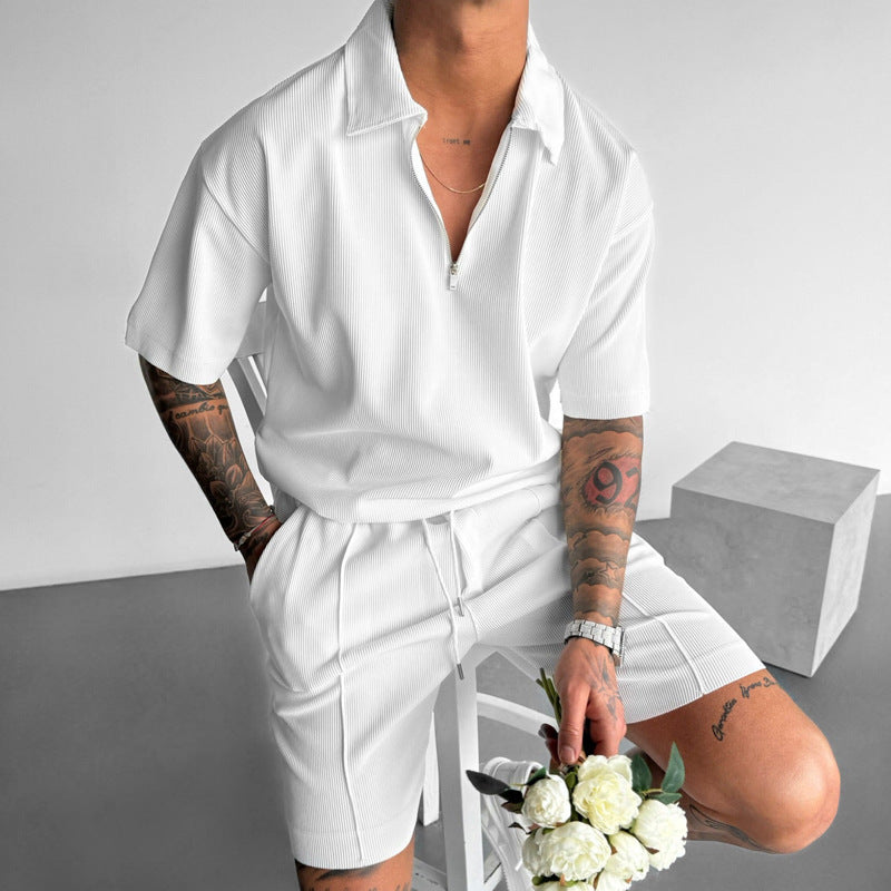 Men's Summer 2-Piece Set – Zipper Polo Shirt & Drawstring Shorts Casual Outfit