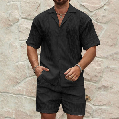 Men's Summer Tracksuit Set – Casual Solid Color Button Shirt & Shorts Outfit for Beach & Holiday Wear