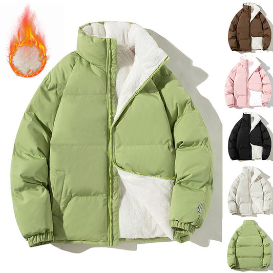 Unisex Stand-Up Collar Winter Jacket – Thickened Plush Coat with Pockets for Couples