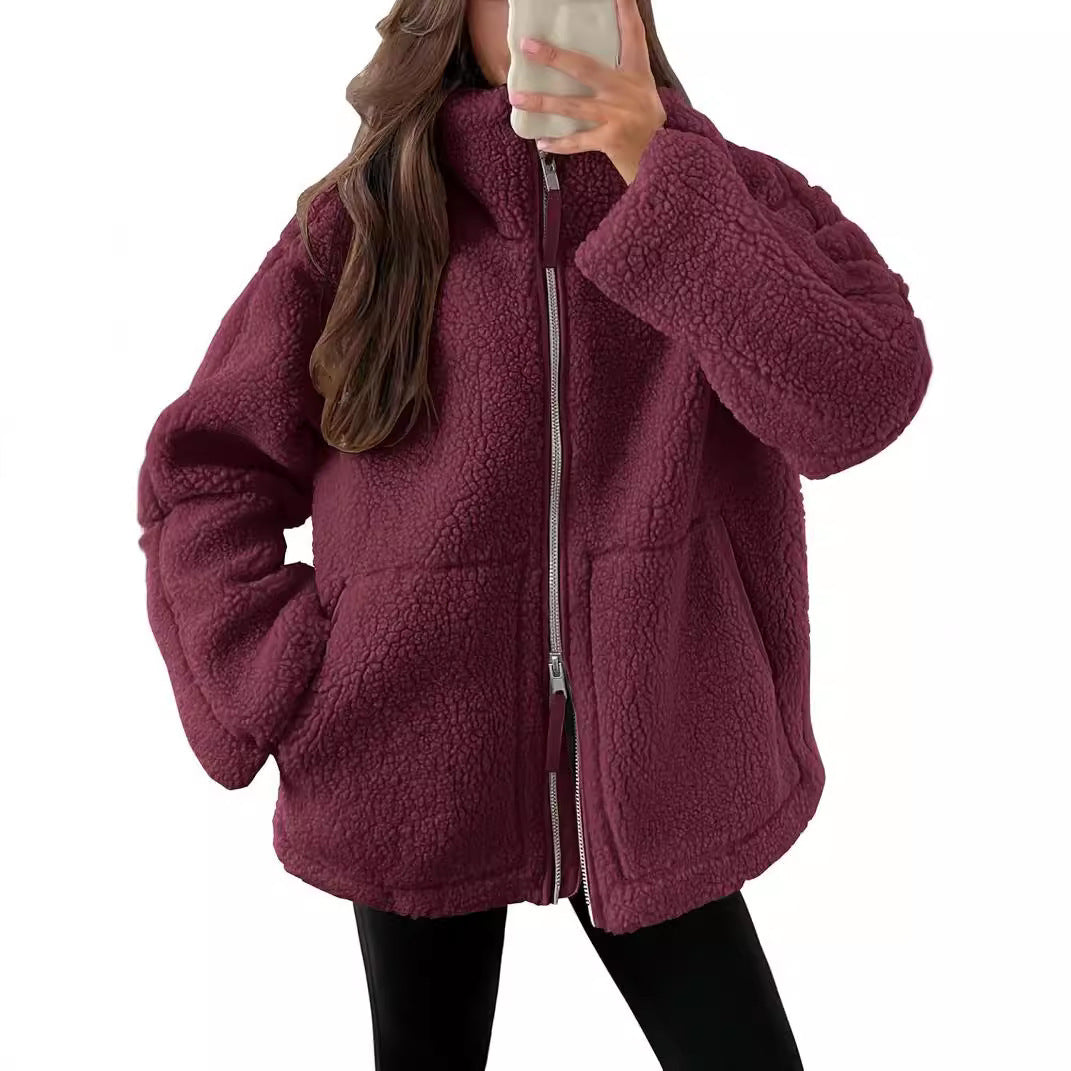 Women's Winter Lapel Zip-Up Fleece Jacket – Casual Solid Coat with Pockets, Long Sleeves