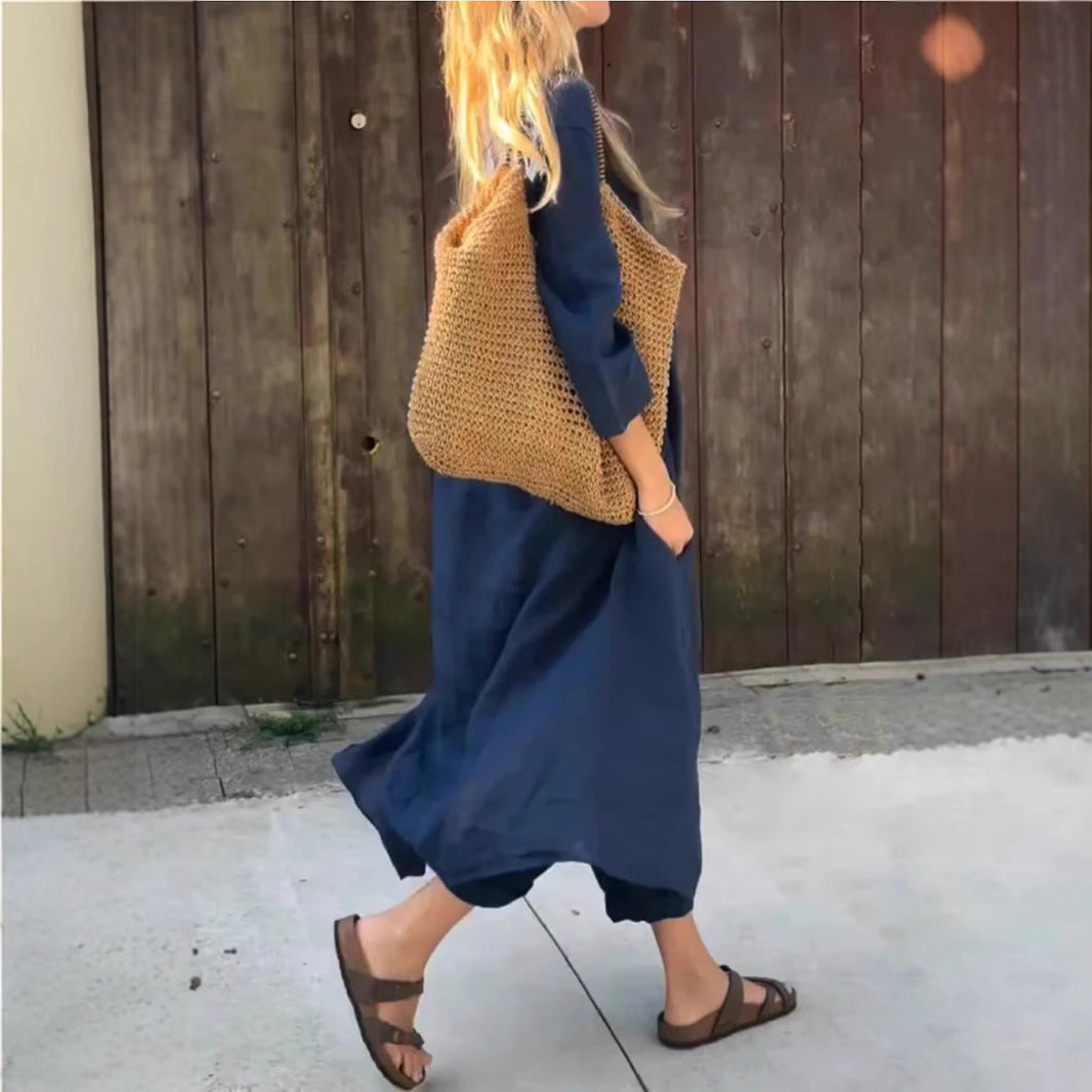 2-Piece Women’s V-Neck Suit Set – Long Sleeve Top & High-Waisted Wide Leg Pants with Pockets