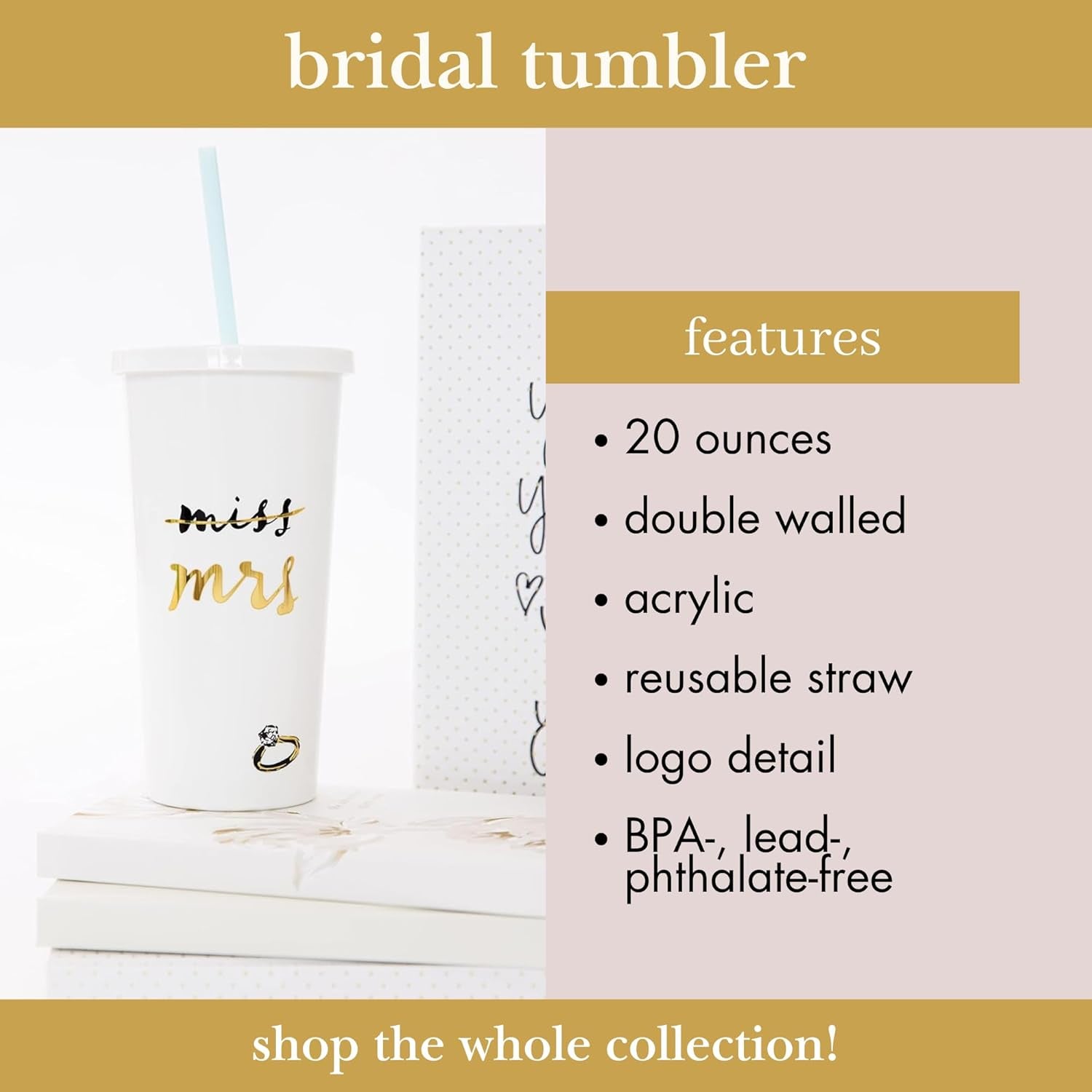 Bridal Insulated Tumbler with Reusable Straw, 20Oz, Miss to Mrs. (White)