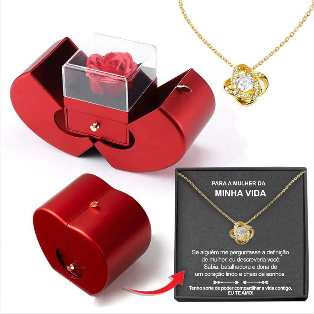 Eternal Rose Jewelry Box – Red Apple Gift Box with Artificial Rose Flower & Necklace for Girls