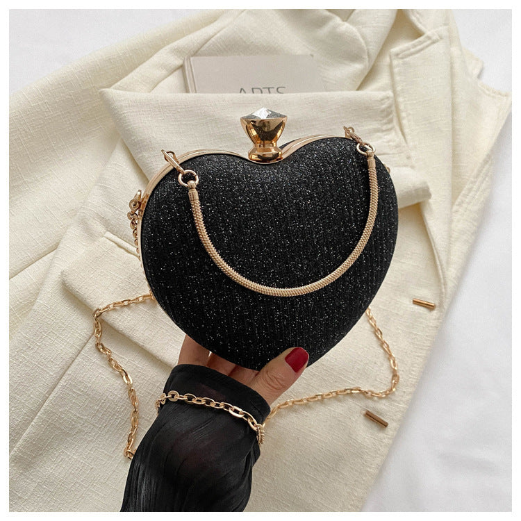 Heart-Shaped Evening Clutch Bag for Women – Shiny Metal Handbag with Chain Strap, Luxury Crossbody Purse for Parties
