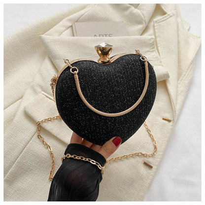 Heart-Shaped Evening Clutch Bag for Women – Shiny Metal Handbag with Chain Strap, Luxury Crossbody Purse for Parties