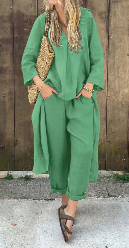 2-Piece Women’s V-Neck Suit Set – Long Sleeve Top & High-Waisted Wide Leg Pants with Pockets
