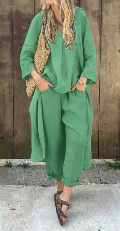 2-Piece Women’s V-Neck Suit Set – Long Sleeve Top & High-Waisted Wide Leg Pants with Pockets