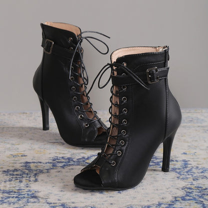 Women’s Peep Toe High Heel Sandals – Lace-Up Buckle Pumps with Back Zipper Design