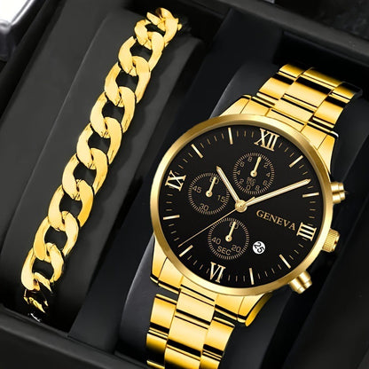 Men's 2-Piece Quartz Watch & Bracelet Set – Fashion Steel Strap Business Watch with Three-Eye Dial
