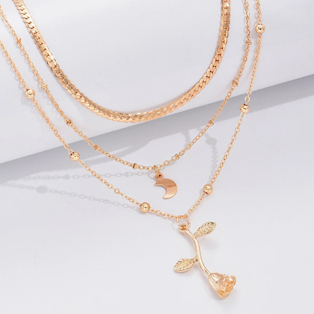 Bohemian Layered Moon & Rose Pendant Necklace – Gold Choker for Women, Fashion Jewelry Gift
