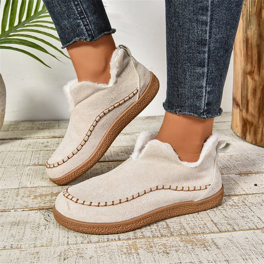 Women's V-Cut Plush Ankle Snow Boots – Warm Suede Flat Winter Shoes with Velvet Lining