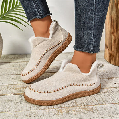 Women's V-Cut Plush Ankle Snow Boots – Warm Suede Flat Winter Shoes with Velvet Lining