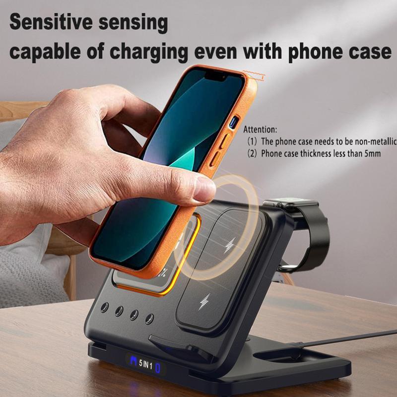 5-in-1 Wireless Charging Station – 15W Fast Charger Stand with LED Digital Alarm Clock