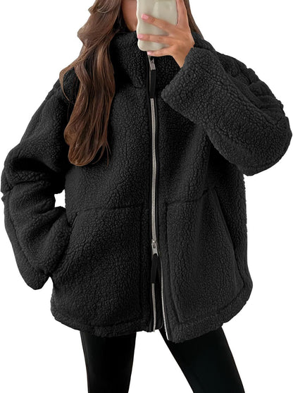 Women's Winter Lapel Zip-Up Fleece Jacket – Casual Solid Coat with Pockets, Long Sleeves